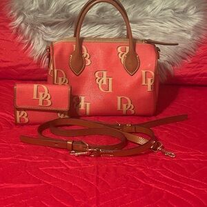 Dooney & Bourke Red Satchel with Monogram Pattern